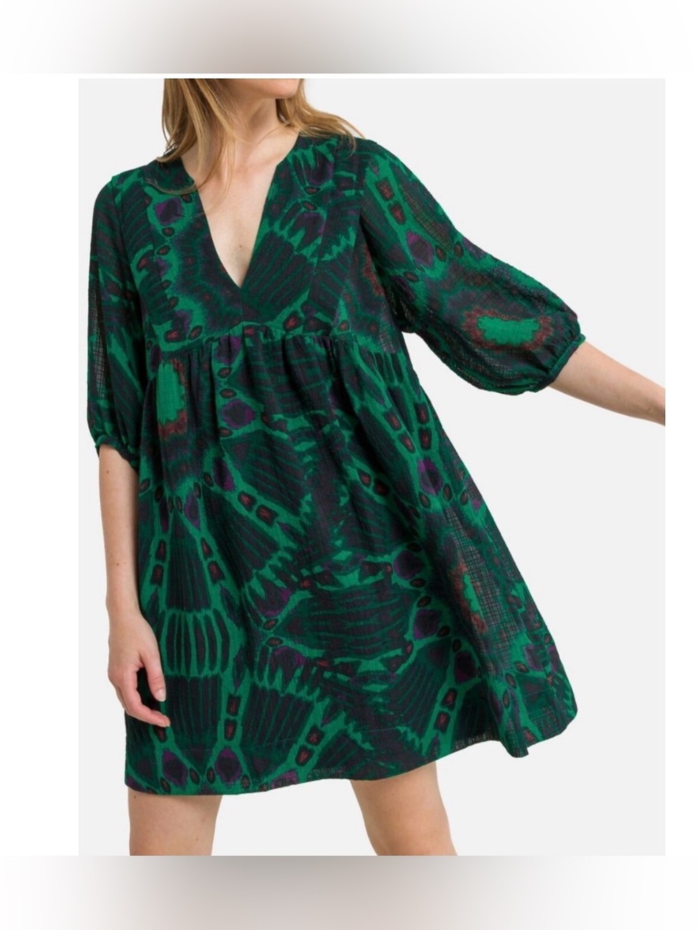 Ba&sh Cleo Green Ikat Print Puff Sleeve Babydoll Mini Dress Boho Whimsigoth Sz S